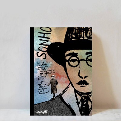 Capa de livro com ilustração de rosto masculino com chapéu e óculos e texto 'SONHO'.