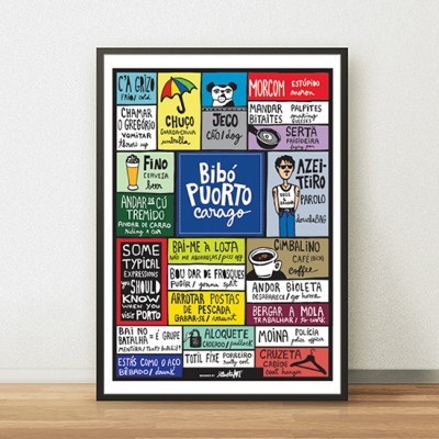 Pôster colorido com frases em português em vários quadros e letras variadas