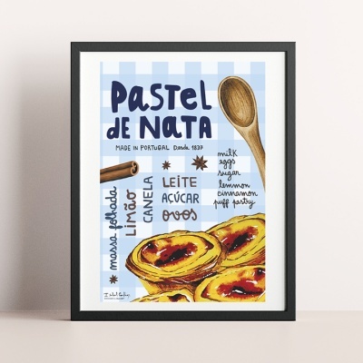 Pôster emoldurado com ilustração de pastéis de nata, colher de madeira e texto sobre ingredientes em fundo xadrez azul e branco.