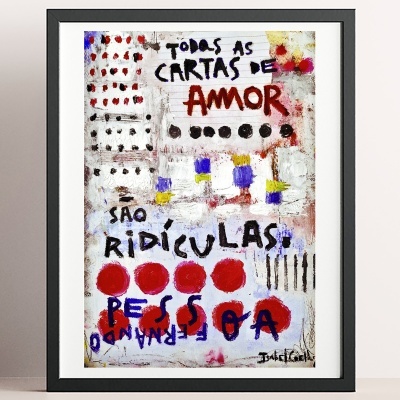 Quadro abstrato com texto em português e pontos vermelhos, amarelos e roxos