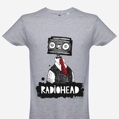 T-shirt cinzenta com estampa de homem com rádio na cabeça e texto RADIOHEAD