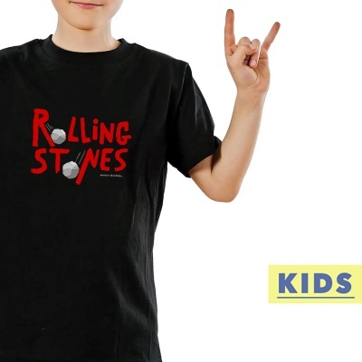 Camisola preta de criança com texto 'ROLLING STONES' e microfones desenhados