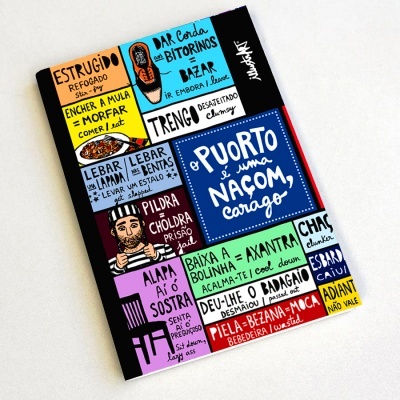 Livro com capa colorida cheia de textos e uma ilustração de uma cabeça