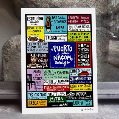 Cartaz colorido com expressões e palavras em português e galego em blocos de cores diferentes.