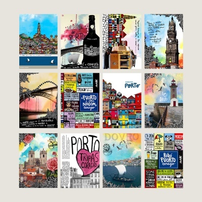 Postais artísticos coloridos com cenas e textos relacionados ao Porto, Portugal.