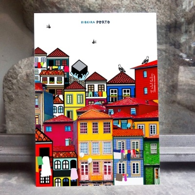 Cartaz ilustrado com casas coloridas e texto Ribeira Porte
