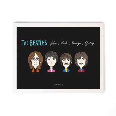 Ilustração dos membros da banda The Beatles com nomes escritos.