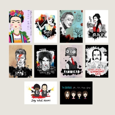 Conjunto de dez ilustrações artísticas estilo pop art com textos e imagens de músicos e figuras culturais