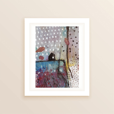 Quadro abstrato colorido com casa e folhas em moldura branca