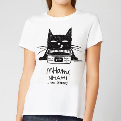 T-shirt branca com estampa de gato preto e lata de sardinhas