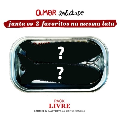 Lata metálica com dois peixes pretos e texto promocional em português