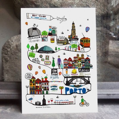Postal ilustrado de Porto com desenhos coloridos de pontos turísticos e elementos da cidade