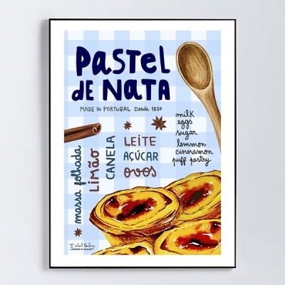 Pôster colorido de pastéis de nata com texto e utensílios de cozinha