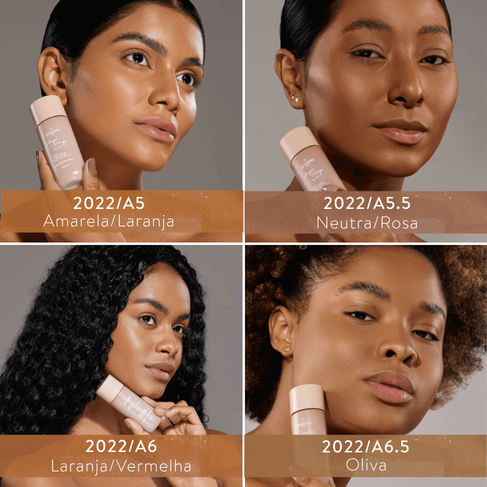 Base Alta Cobertura Angel Wings by Pri Lessa - Catharine Hill Quatro mulheres com diferentes tons de pele segurando frascos de base líquida CATARINE Beauty