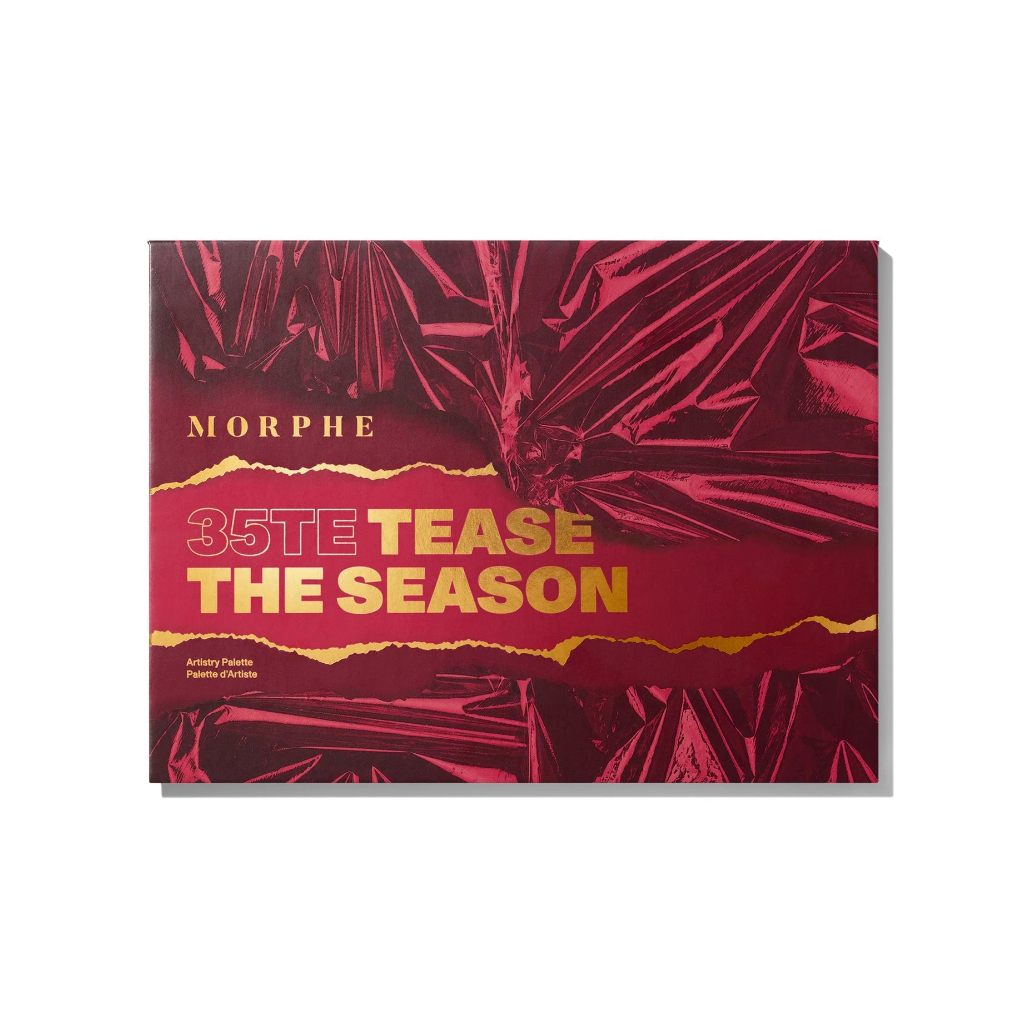 Paleta de Sombras 35te Tease The Season Artistry Palette Morphe Paleta Morphe 35TE Tease The Season embalagem vermelha metálica com dourado