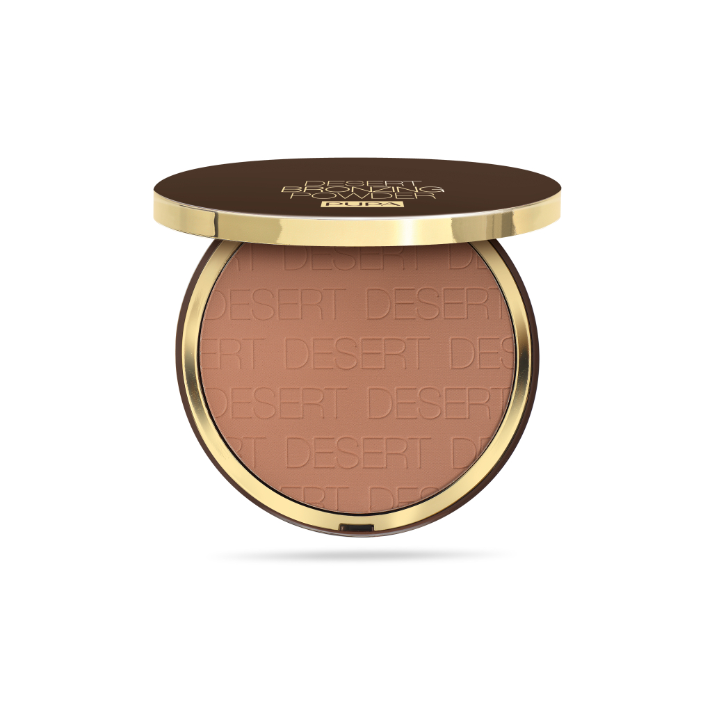 Desert Bronzing Powder Pupa Milano Pó compacto de maquilhagem castanho claro com embalagem redonda castanho e dourado