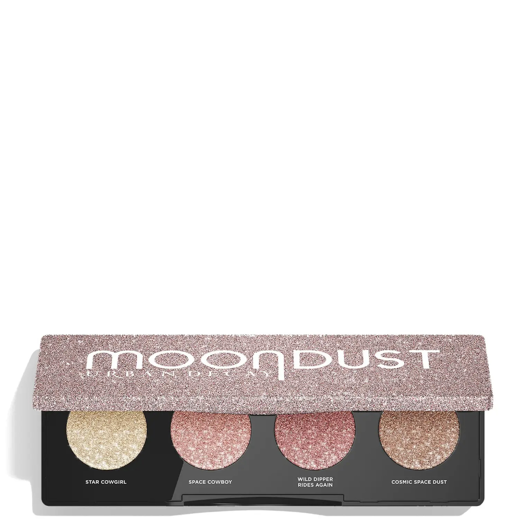 Paleta de Sombras Moondust Quad Space Rider Urban Decay Paleta de sombras MOONDUST com quatro cores brilhantes em estojo preto e tampa rosa brilhante.