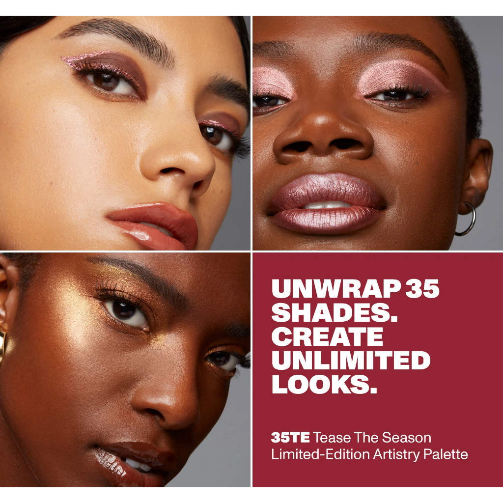 Paleta de Sombras 35te Tease The Season Artistry Palette Morphe três mulheres com maquilhagem metálica e texto sobre paleta de maquilhagem