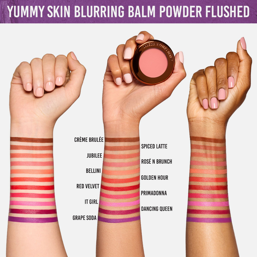 Blurring Balm Powder Flushed Danessa Myricks Beauty Três braços apresentam amostras de cores de blush em bastão com nomes visíveis