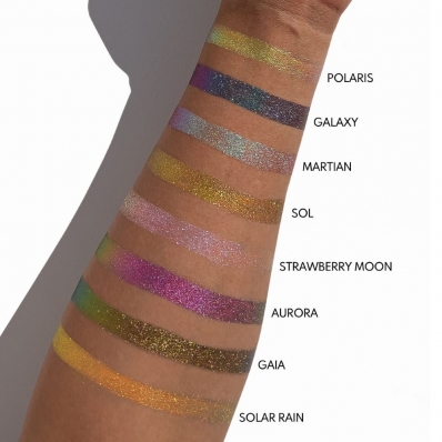 Lightwork III Experience Palette Danessa Myricks Beauty Amostras de maquilhagem metálica e brilhante no braço com nomes ao lado