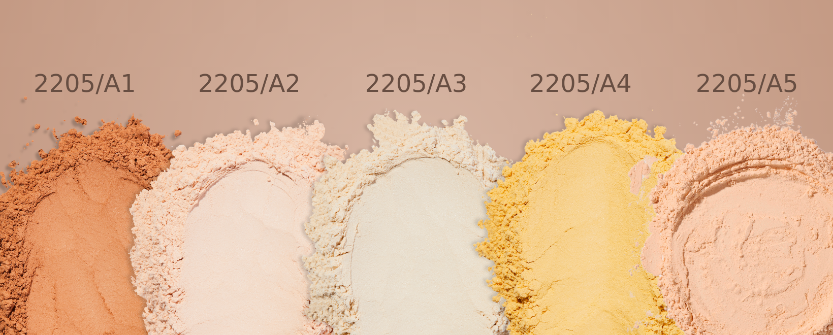 Pó Solto Facial Angel Powder by Pri Lessa - Catharine Hill Cinco pós cosméticos em diferentes tons e códigos sobre fundo castanho