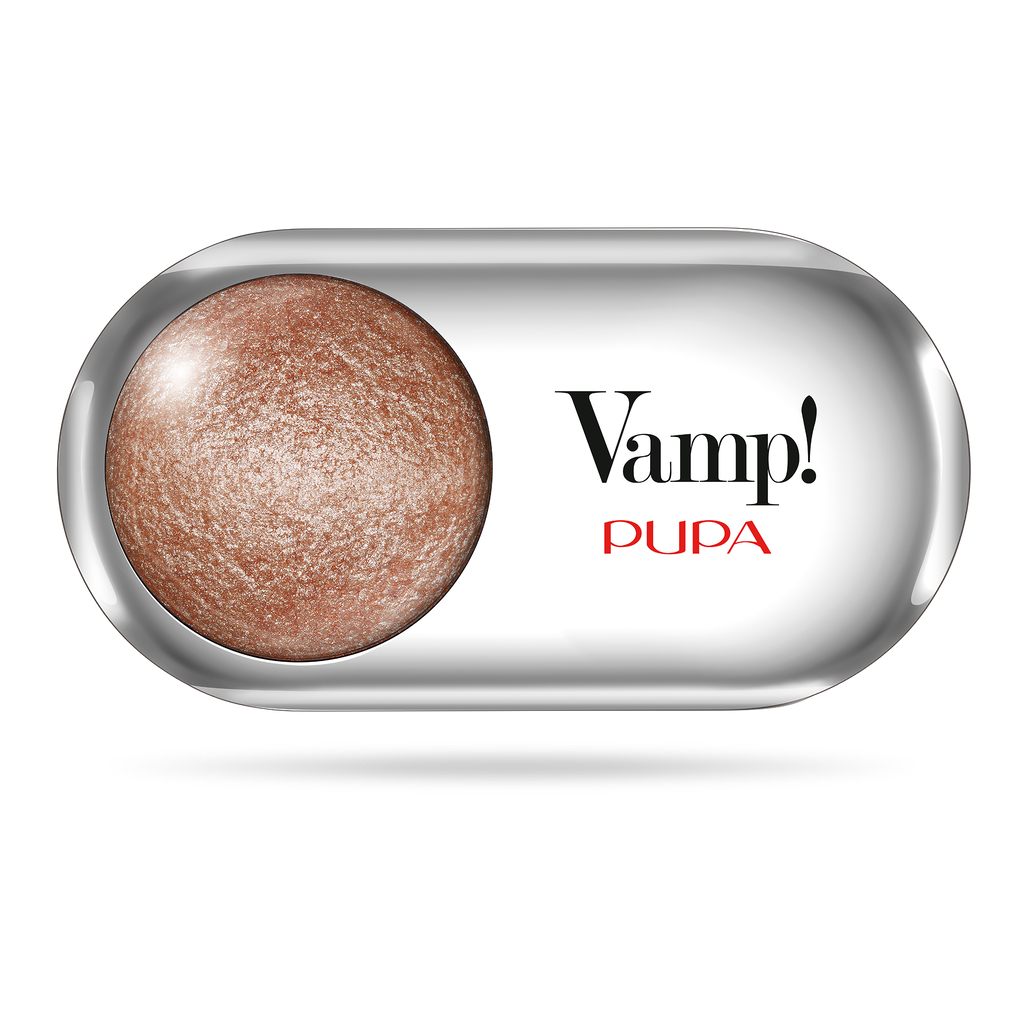 Sombra Vamp! Pupa Milano Compacto maquilhagem castanho dourado com embalagem prateada e texto Vamp! PUPA