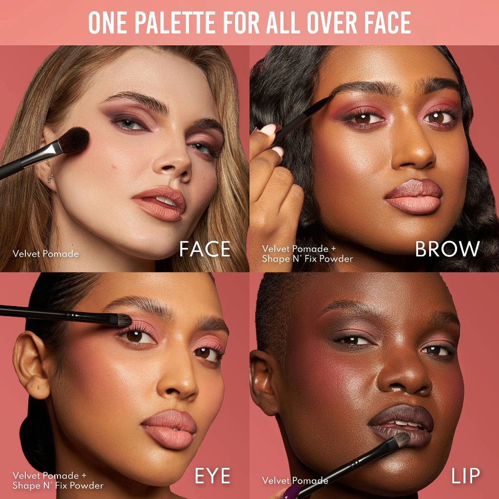 Paleta Groundwork Blooming Romance Danessa Myricks Beauty Quatro mulheres aplicando maquilhagem em diferentes áreas do rosto com texto sobre paleta única