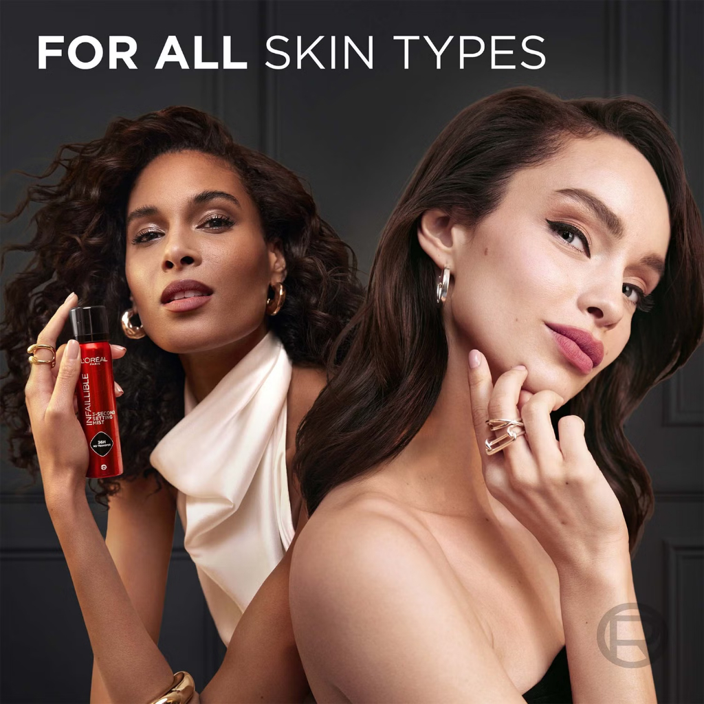 Infallible 3-Second Setting Spray 75ml L'Oreal Paris Duas mulheres com maquilhagem elegante e produto cosmético L'Oréal Paris em embalagem vermelha
