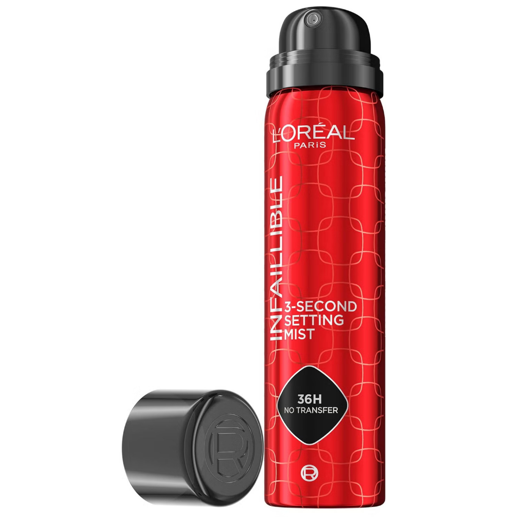 Infallible 3-Second Setting Spray 75ml L'Oreal Paris Frasco de spray de cabelo vermelho L'Oréal Paris Infallible 3-Second Setting Mist com tampa preta removida