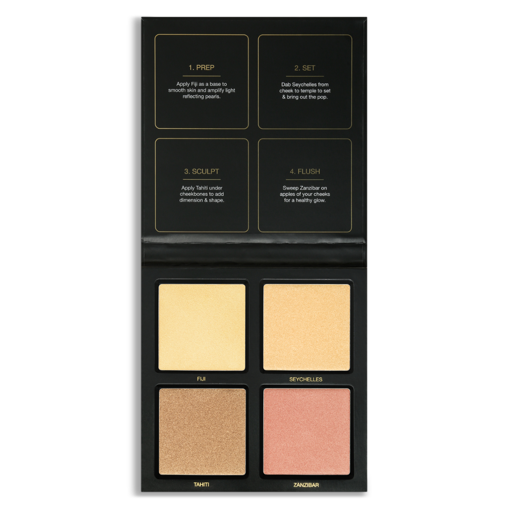 Paleta 3D Highlighter Golden Sands Huda Beauty Paleta de maquilhagem com quatro tons de pó compacto em estojo preto aberto