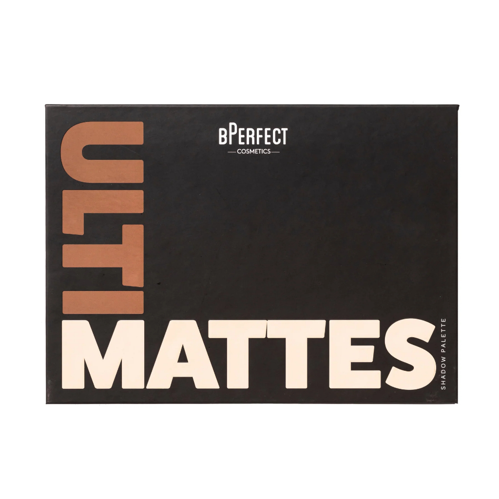 Paleta de Sombras Ultimattes BPerfect Palete de sombras de olhos bPerfect Cosmetics Ultra Mattes com embalagem preta e texto em branco e castanho