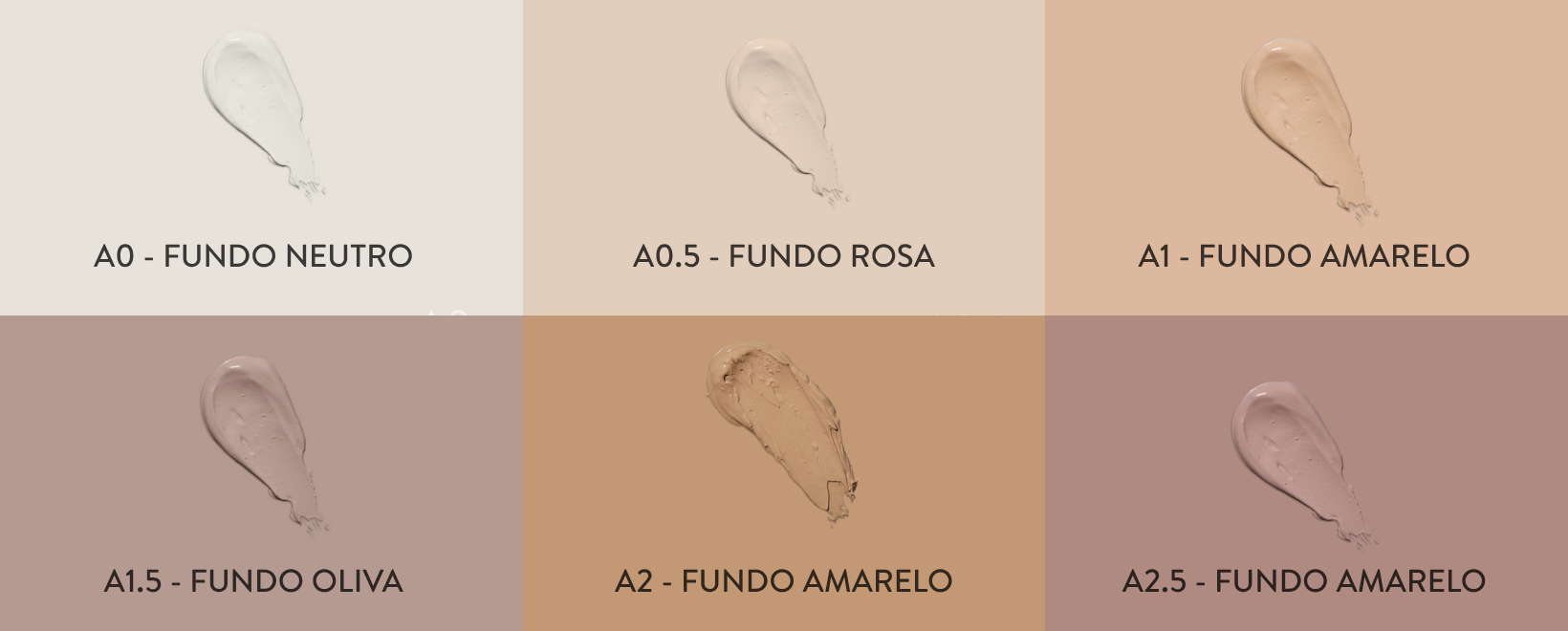 Corretivo Camuflagem Alta Cobertura Angel Wings - Catharine Hill Seis amostras de maquilhagem líquida em tons de bege e castanho com código e descrição