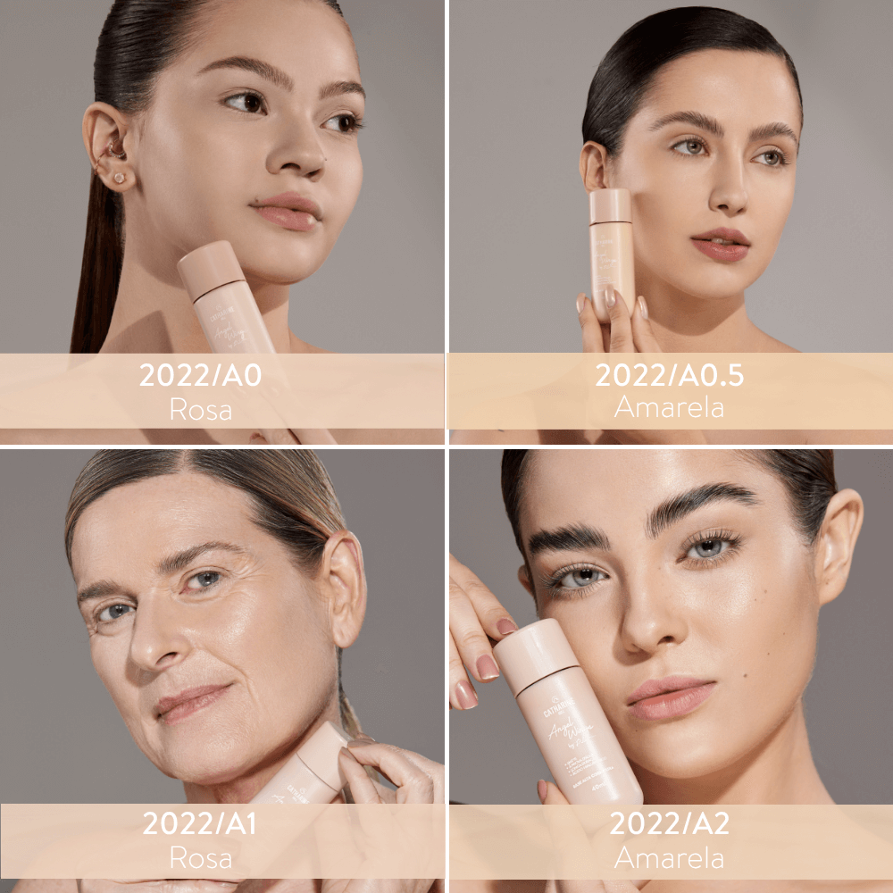 Base Alta Cobertura Angel Wings by Pri Lessa - Catharine Hill Mulheres segurando frascos de cosmético CATHARIS em diferentes tons