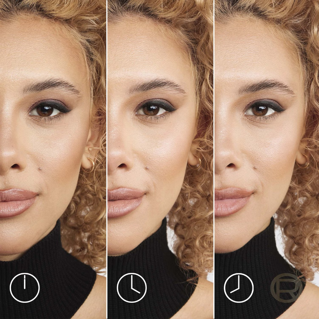 Infallible 3-Second Setting Spray 75ml L'Oreal Paris Close-up do rosto de uma mulher com cabelo loiro encaracolado e gola alta preta em três painéis com ícones de relógio