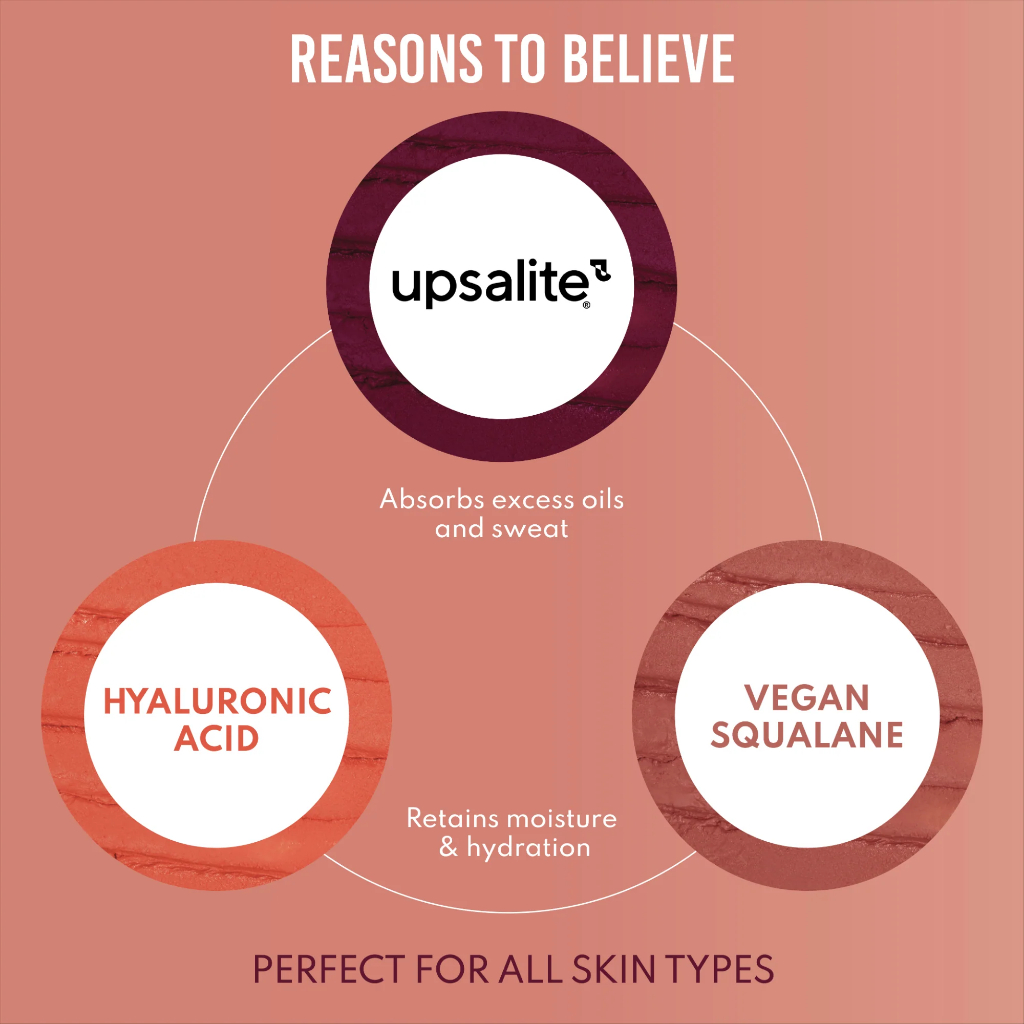 Blurring Balm Powder Flushed Danessa Myricks Beauty Gráfico informativo com texto sobre ingredientes e benefícios para cuidados da pele