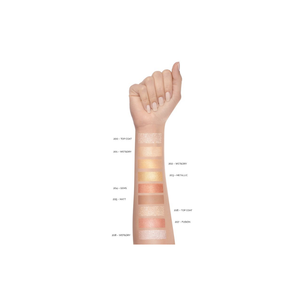 Sombra Vamp! Pupa Milano Braço com amostras de cores de maquilhagem e códigos ao lado
