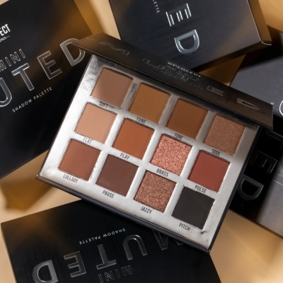 Paleta de sombras MINI MUTED da LORAC com 12 cores quentes, acabamentos mate e cintilante, embalagem preta