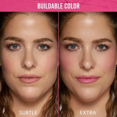 Mulher com maquilhagem subtil à esquerda e maquilhagem extra à direita com texto BUILDABLE COLOR no topo.