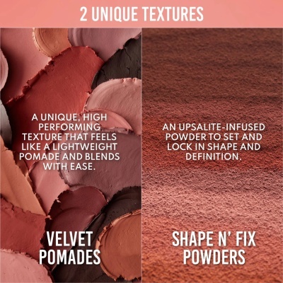 Texturas únicas de cosméticos em tons terrosos com texto informativo em inglês