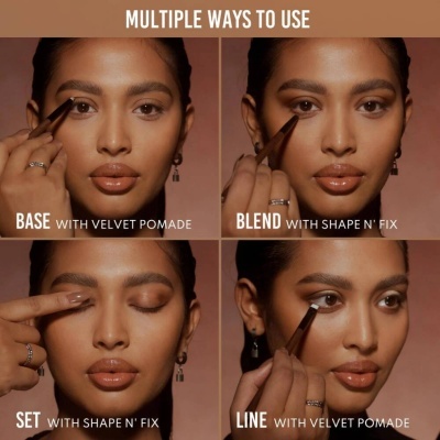 Mulher a aplicar maquilhagem para sobrancelhas com produtos Velvet Pomade e Shape N' Fix, mostrando diferentes etapas e técnicas.