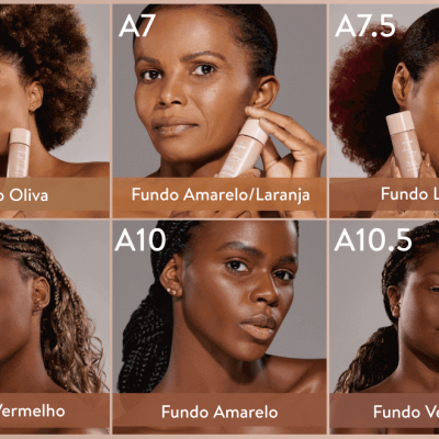 Modelos segurando bases com diferentes tons e etiquetas de cores em fundo cinzento