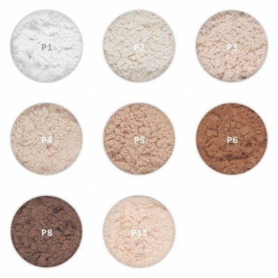 Amostras de pó facial em diferentes tons, com códigos P1 a P11 visíveis