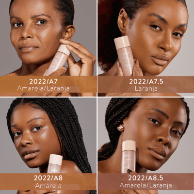 Quatro mulheres negras segurando frascos de produto cosmético com diferentes tons de pele e códigos e cores visíveis nos rodapés.