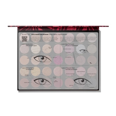 Paleta de sombras de olhos MORPHE x JESTER TEASE THE SEASON com várias cores e gráficos de olhos.