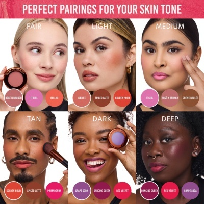 Modelos diversos com sugestões de blush e batom para diferentes tons de pele