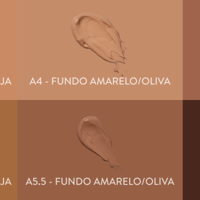 Seis amostras de maquilhagem creme castanha com textos da base e tonalidade.