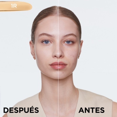 Imagem frontal de mulher com rosto metade sem maquilhagem e metade com maquilhagem, demonstrando diferença de pele antes e depois.