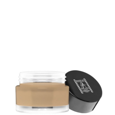 Frasco aberto de creme bege com tampa preta ao lado, fundo branco.