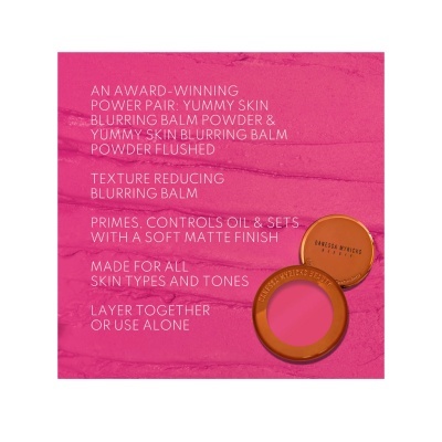 Dois pós compactos Embryolisse, um aberto com pó rosa, fundo rosa com texto em inglês