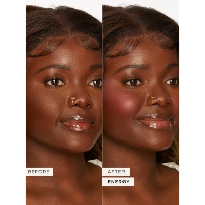 Rosto feminino antes e depois com alterações de cor nas bochechas e texto 'BEFORE' e 'AFTER ENERGY'